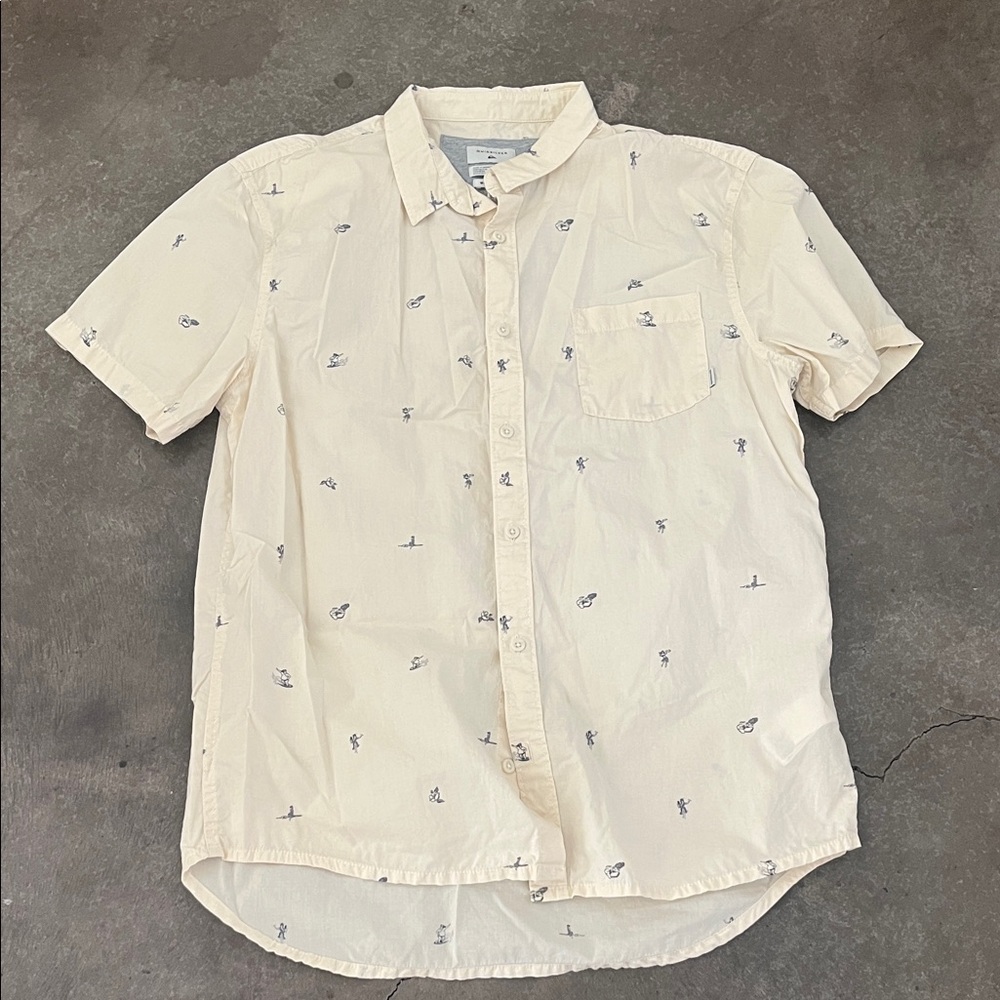 Quiksilver men’s Cream Short-Sleeve Button-Down with Navy Mini Print